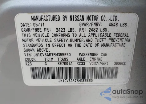 2011 Infiniti G37X z USA, uszkodzony, nr VIN JN1CV6AR7BM355650